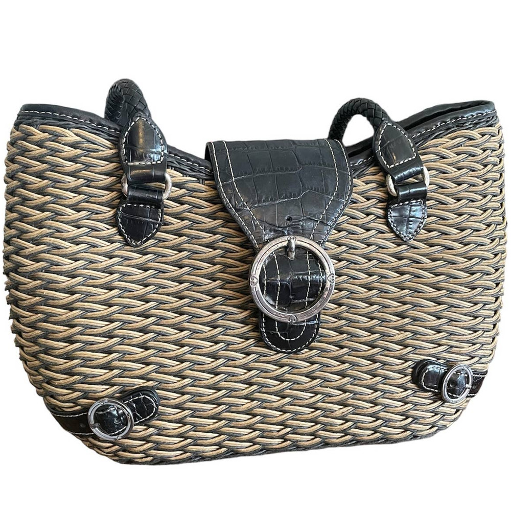 Brighton Woven Shoulder Bag Leather Double Strap Brown Straw Basket Weave